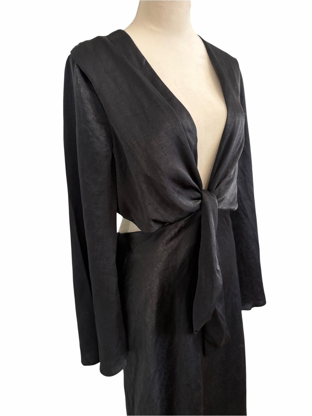 ASOS Black Satin Tie-Front Cut Out Midi Dress - Picture 5 of 9